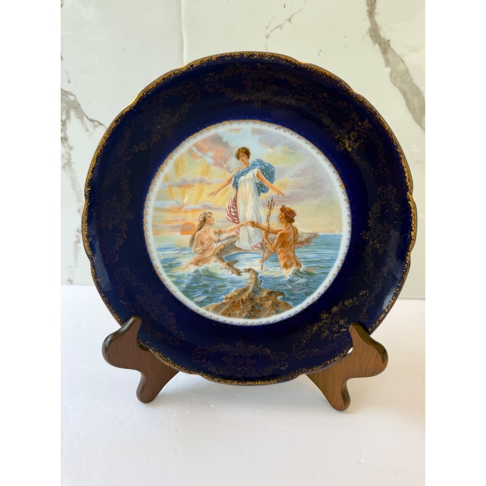 Victoria Austria Cobalt Blue Gold Porcelain Neoclassical Mermaid Triton Plate